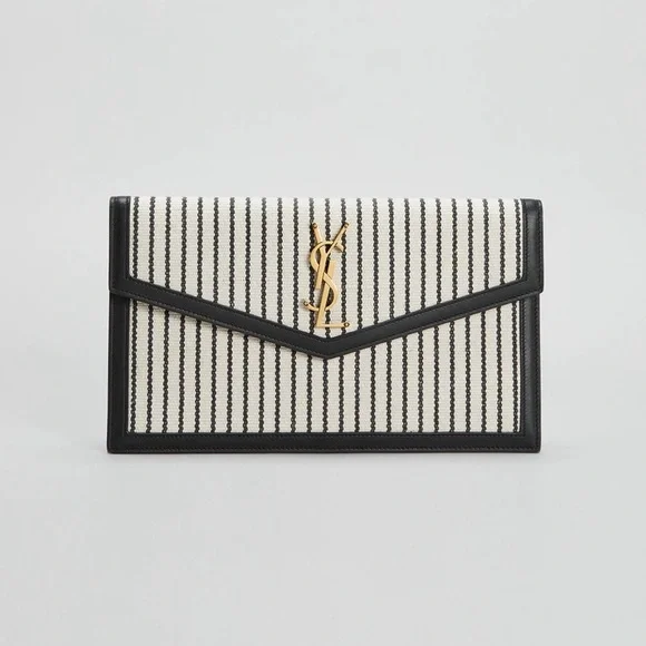 Yves Saint Laurent Uptown Canvas Striped Clutch Cream Black YSL Gold Hardware - Picture 9 of 14